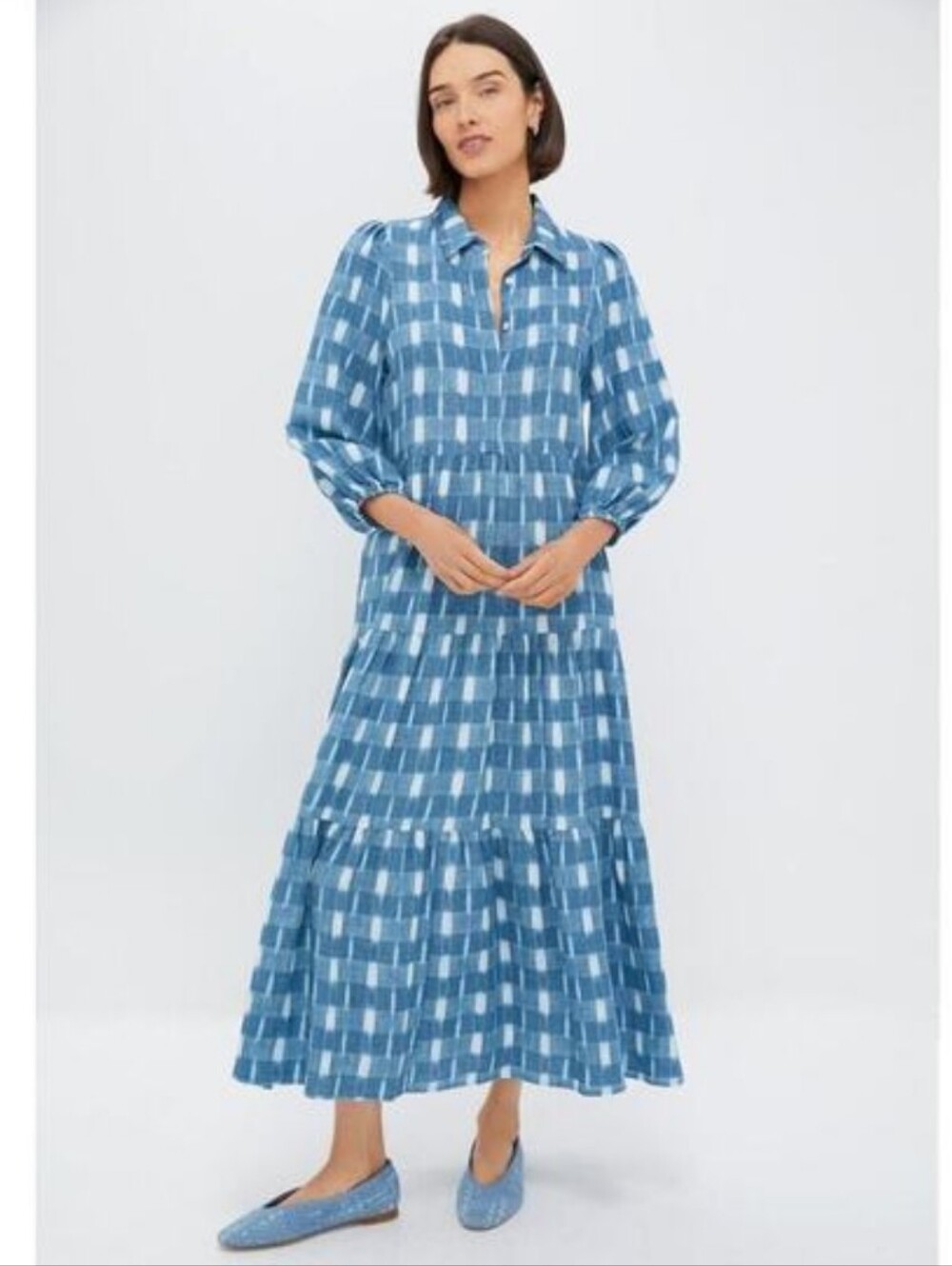 Tuckernuck Pomander Place Mabel Tiered Maxi Dress Blue White Ikat Plaid Size M